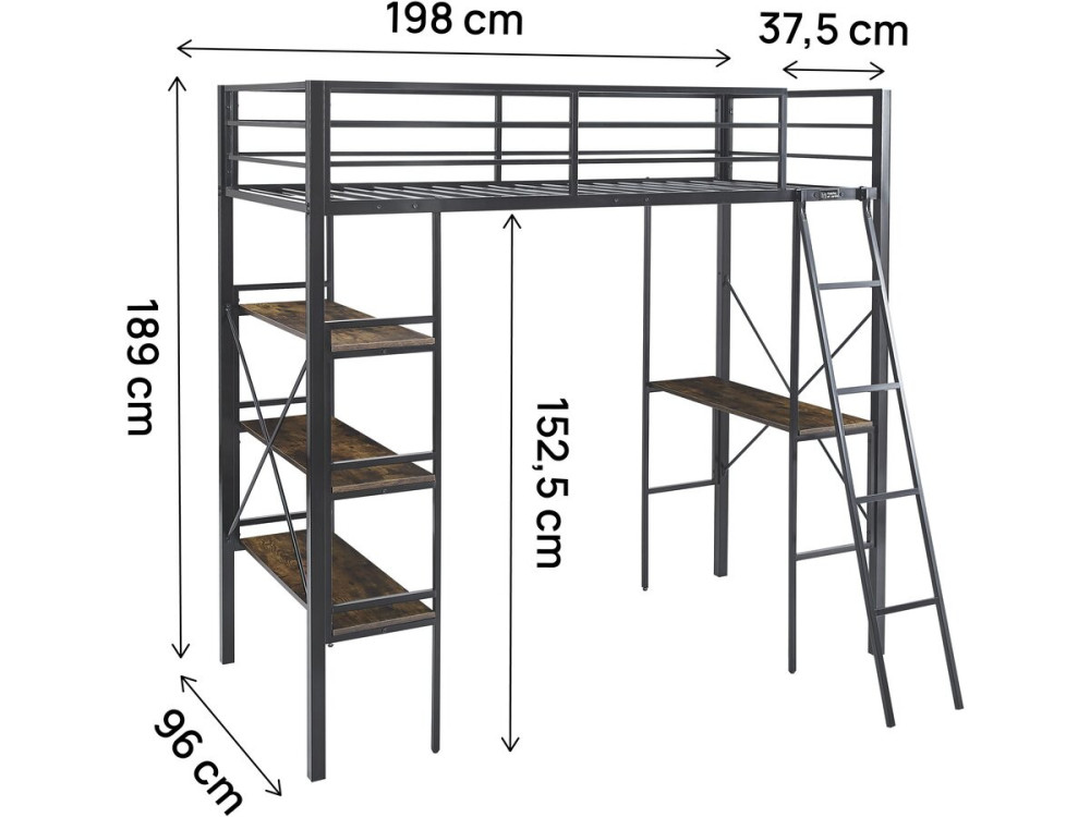 Cama de mezanino com secretária em metal «Raphaël» - 190 x 90 cm - Preto