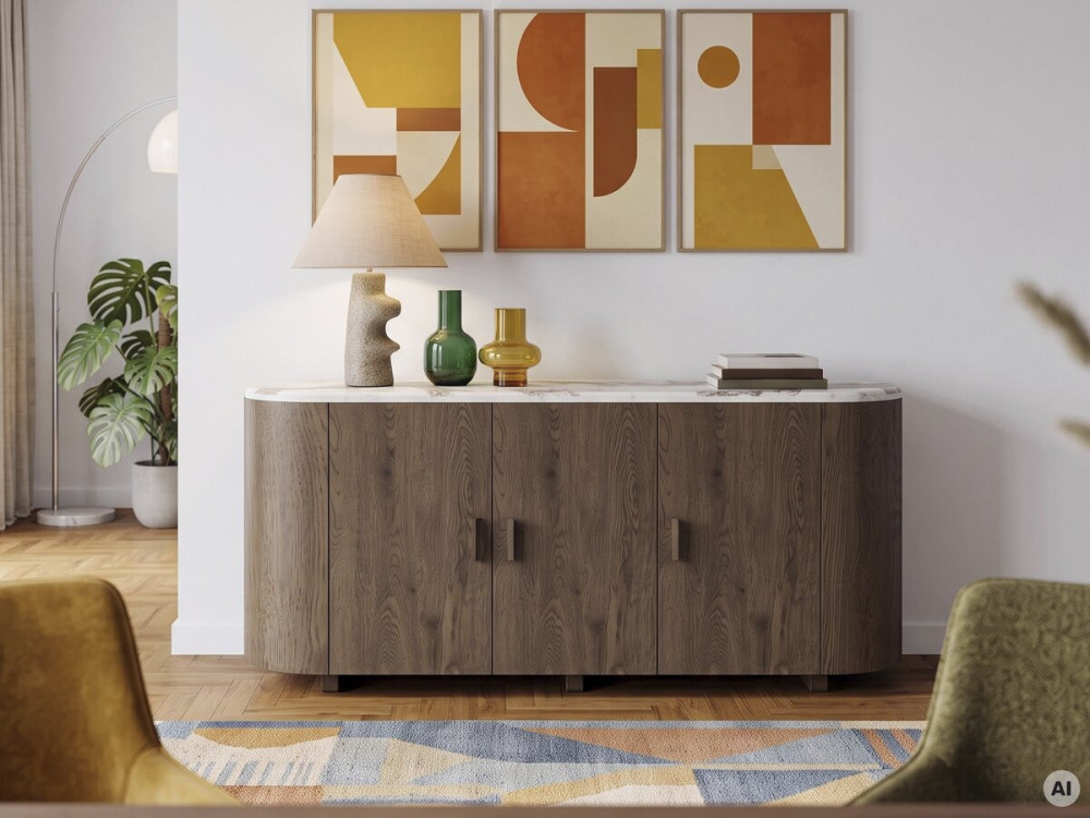 Aparador de madeira com tampo de cerâmica «Azya» - 160 x 45 x 75 cm - Castanho