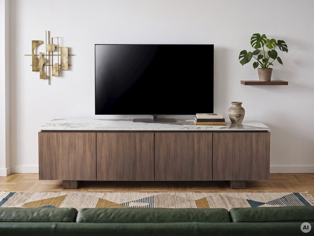 Móvel de televisão em madeira com tampo em cerâmica «Elma» - 160 x 45 x 45 cm - Castanho