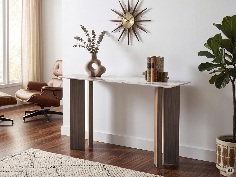 Console de madeira com tampo de cerâmica «Elma» - 140 x 40 x 80 cm - Castanho