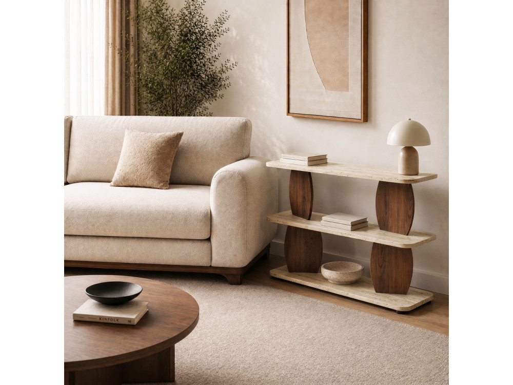 Mesa auxiliar de madeira «Armonia» - 90 x 30 x 70 cm - Travertino / Nogueira