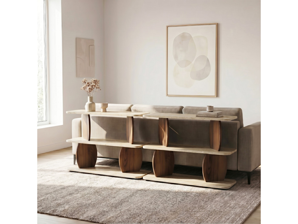 Mesa auxiliar de madeira «Armonia» - 90 x 30 x 70 cm - Travertino / Nogueira