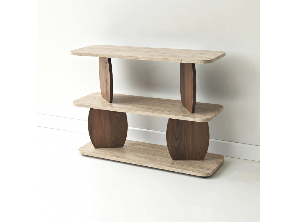 Mesa auxiliar de madeira «Armonia» - 90 x 30 x 70 cm - Travertino / Nogueira