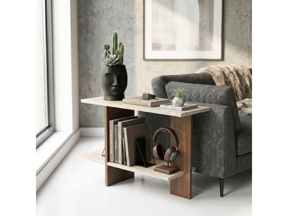 Mesa auxiliar de madeira «Essenziale» - 80 x 30 x 55 cm - Travertino / Nogueira