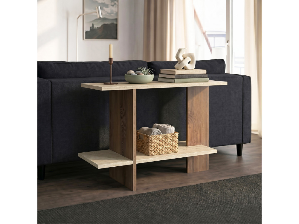 Mesa auxiliar de madeira «Essenziale» - 80 x 30 x 55 cm - Travertino / Nogueira