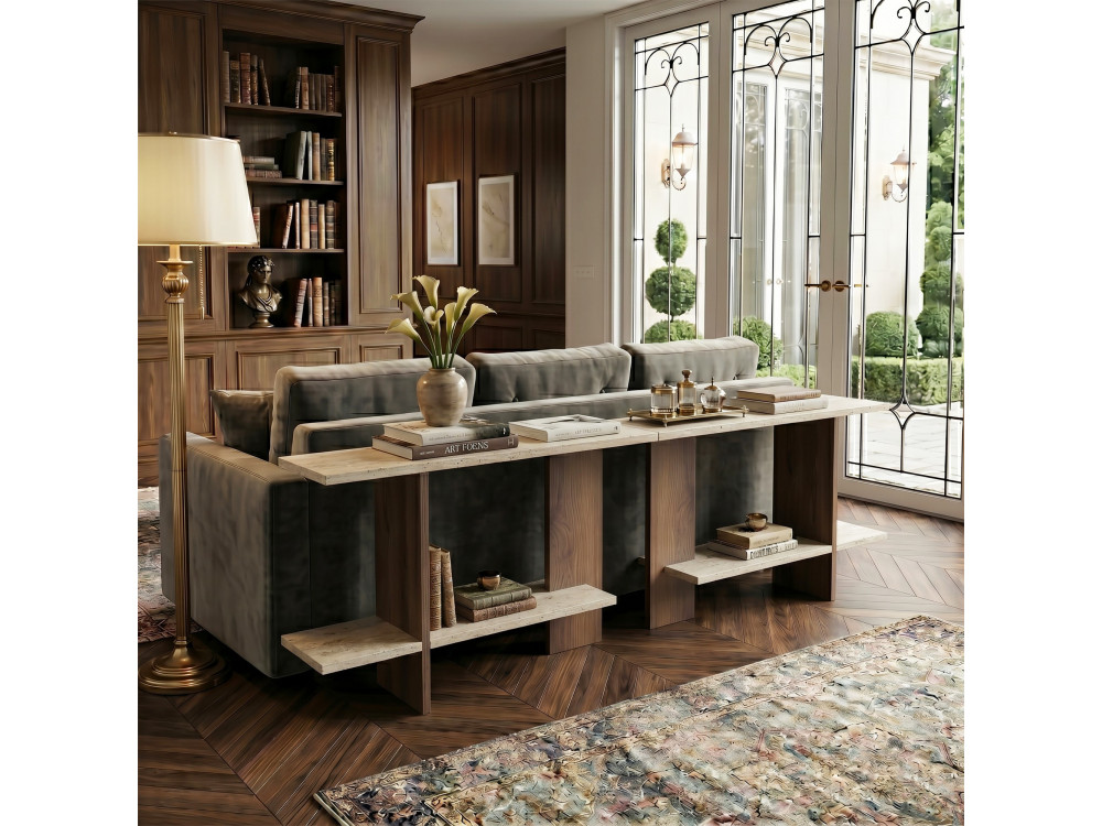 Mesa auxiliar de madeira «Essenziale» - 80 x 30 x 55 cm - Travertino / Nogueira