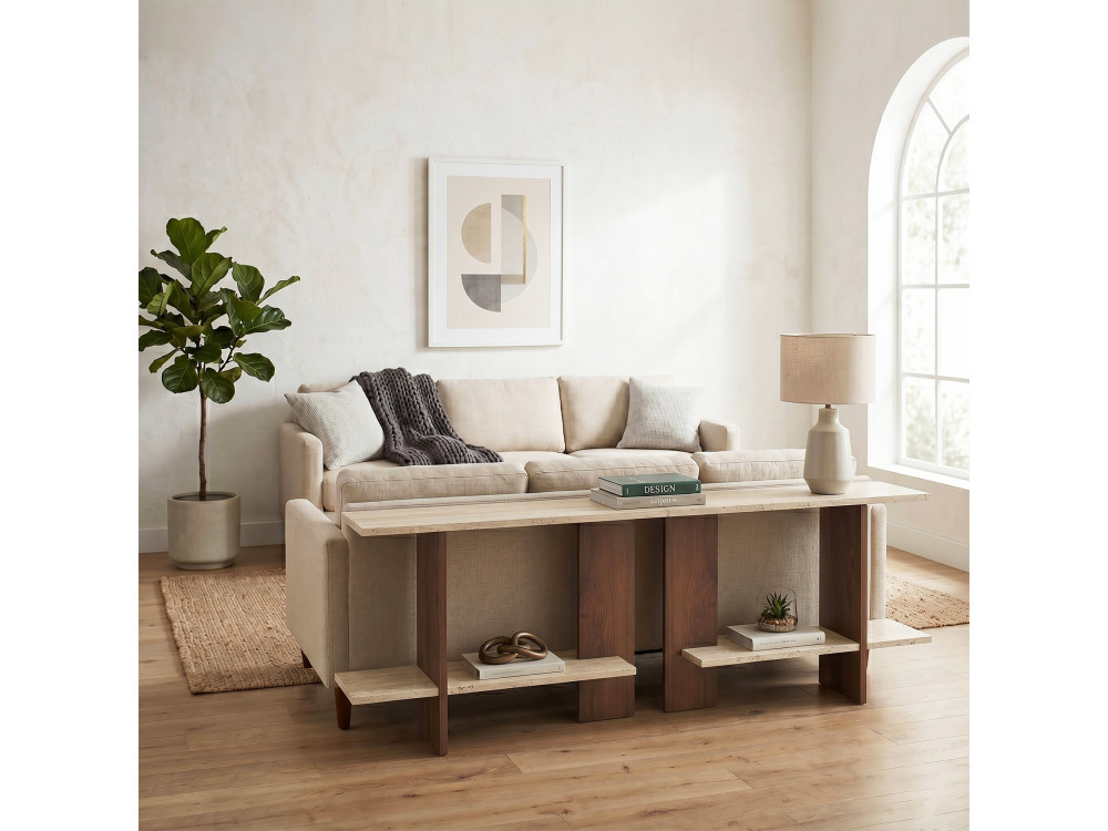 Mesa auxiliar de madeira «Essenziale» - 80 x 30 x 55 cm - Travertino / Nogueira