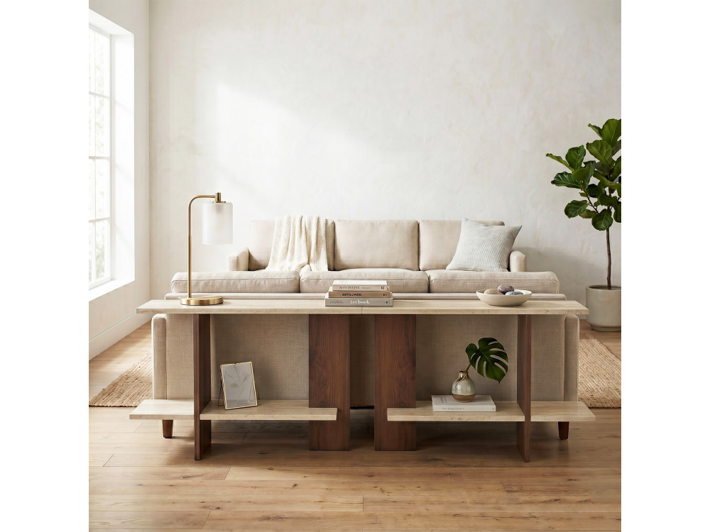 Mesa auxiliar de madeira «Essenziale» - 80 x 30 x 55 cm - Travertino / Nogueira