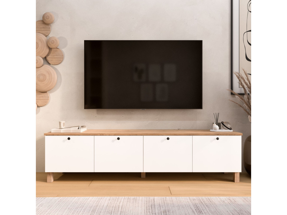 Móvel de televisão em madeira «Nord» - 180 x 34 x 45 cm - Branco / Carvalho