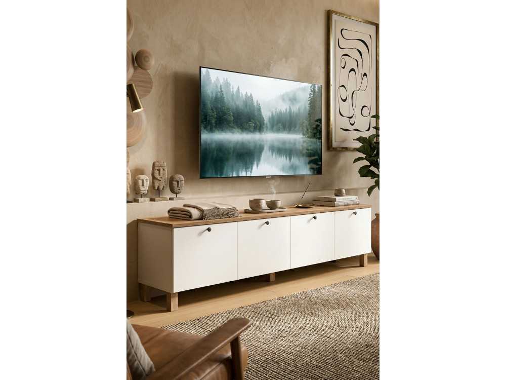 Móvel de televisão em madeira «Nord» - 180 x 34 x 45 cm - Branco / Carvalho