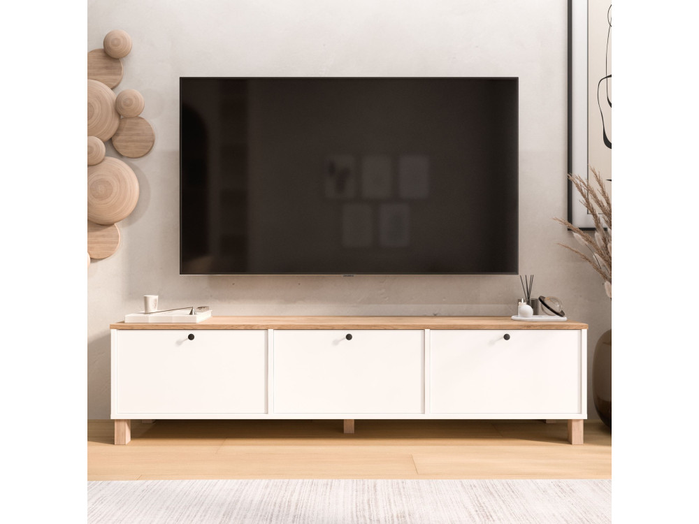 Móvel de TV em madeira «Nord» - 180 x 32 x 45 cm - Branco / Carvalho