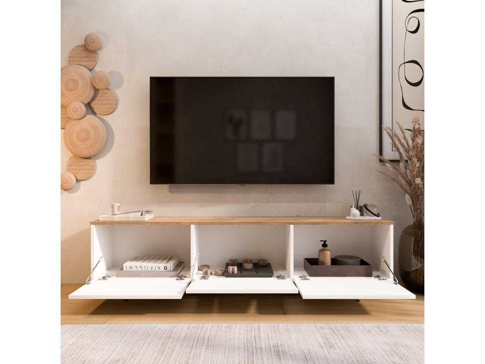Móvel de TV em madeira «Nord» - 180 x 32 x 45 cm - Branco / Carvalho