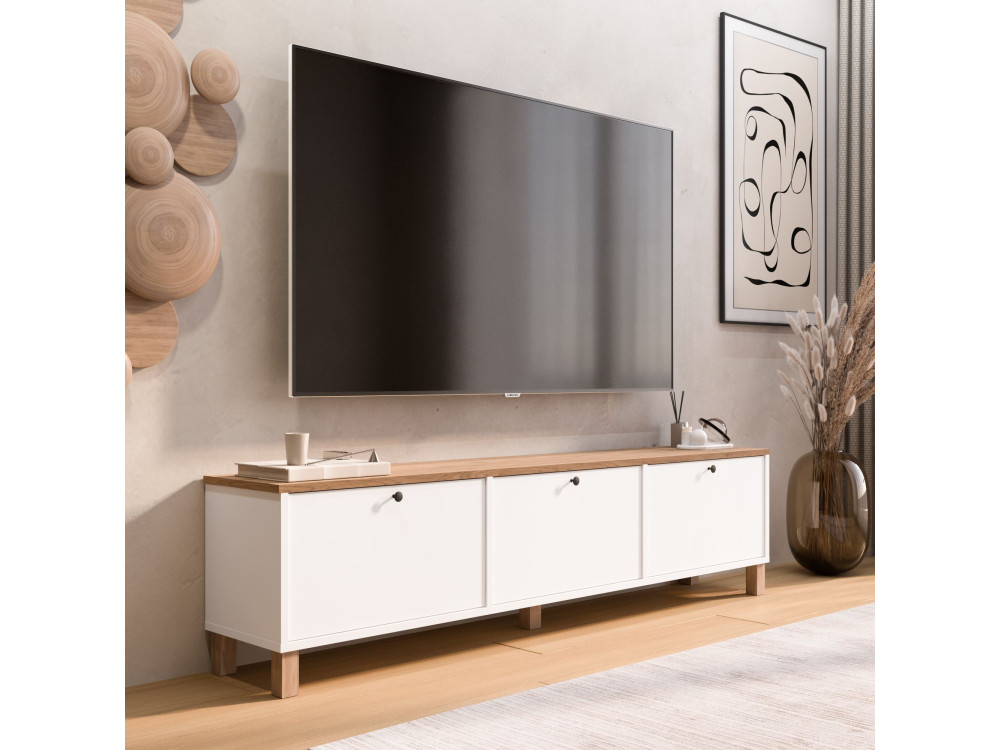 Móvel de TV em madeira «Nord» - 180 x 32 x 45 cm - Branco / Carvalho