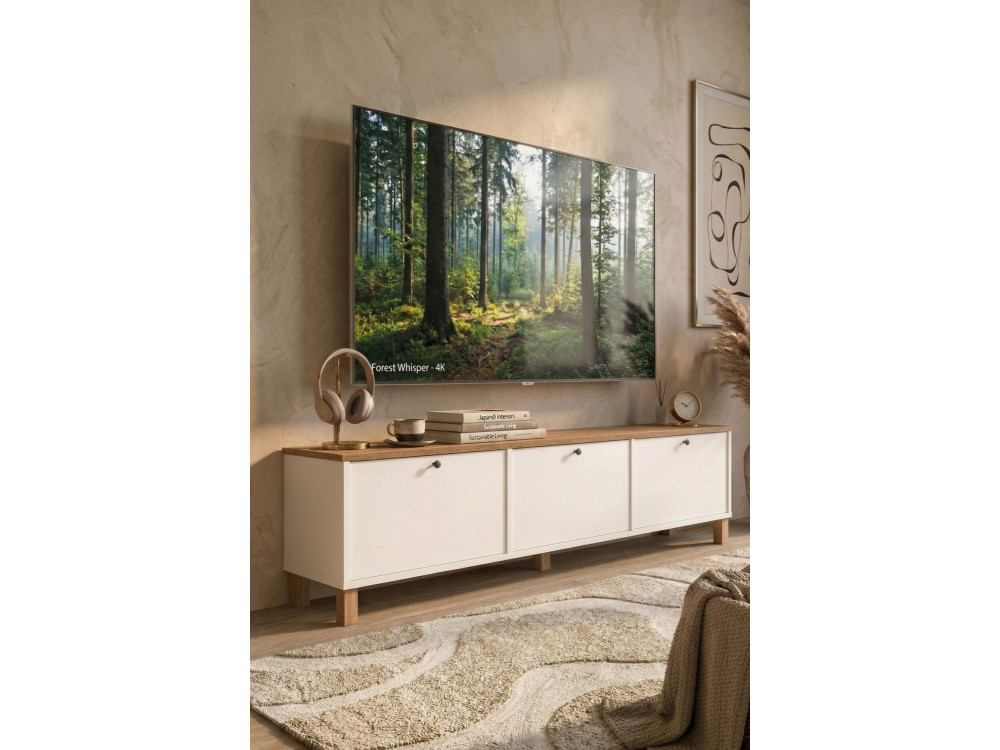 Móvel de TV em madeira «Nord» - 180 x 32 x 45 cm - Branco / Carvalho