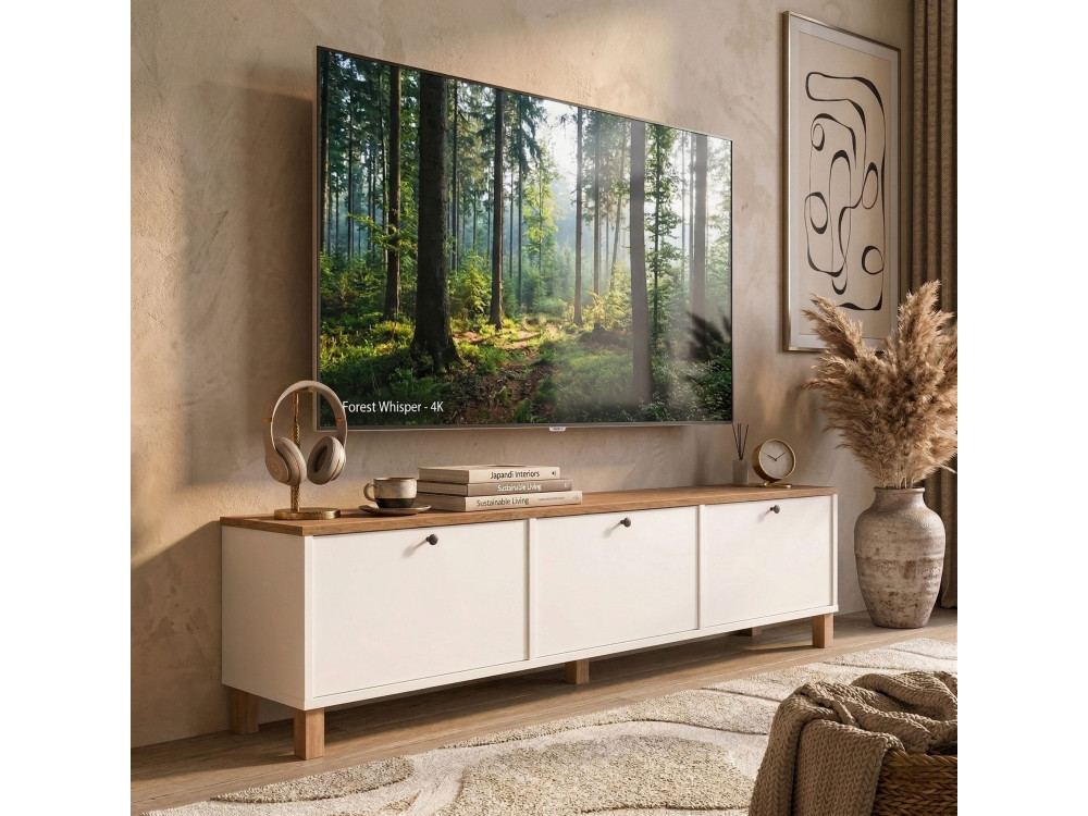 Móvel de TV em madeira «Nord» - 180 x 32 x 45 cm - Branco / Carvalho