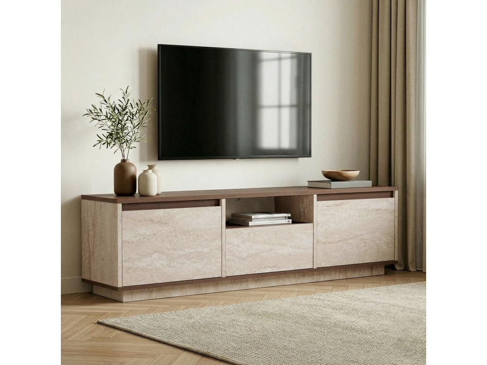 Móvel de TV em madeira «Sentinel» - 160 x 30 x 42 cm - Travertino / Nogueira de Milão