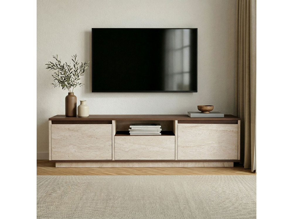 Móvel de TV em madeira «Sentinel» - 160 x 30 x 42 cm - Travertino / Nogueira de Milão