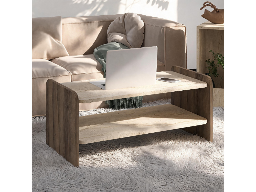 Mesa de centro de madeira «Amon» - 89,8 x 39,8 x 44,8 cm - Travertino / Nogueira Antiga
