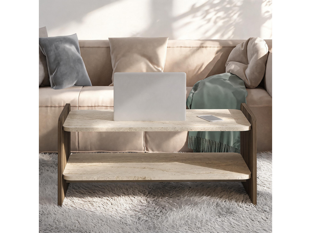 Mesa de centro de madeira «Amon» - 89,8 x 39,8 x 44,8 cm - Travertino / Nogueira Antiga
