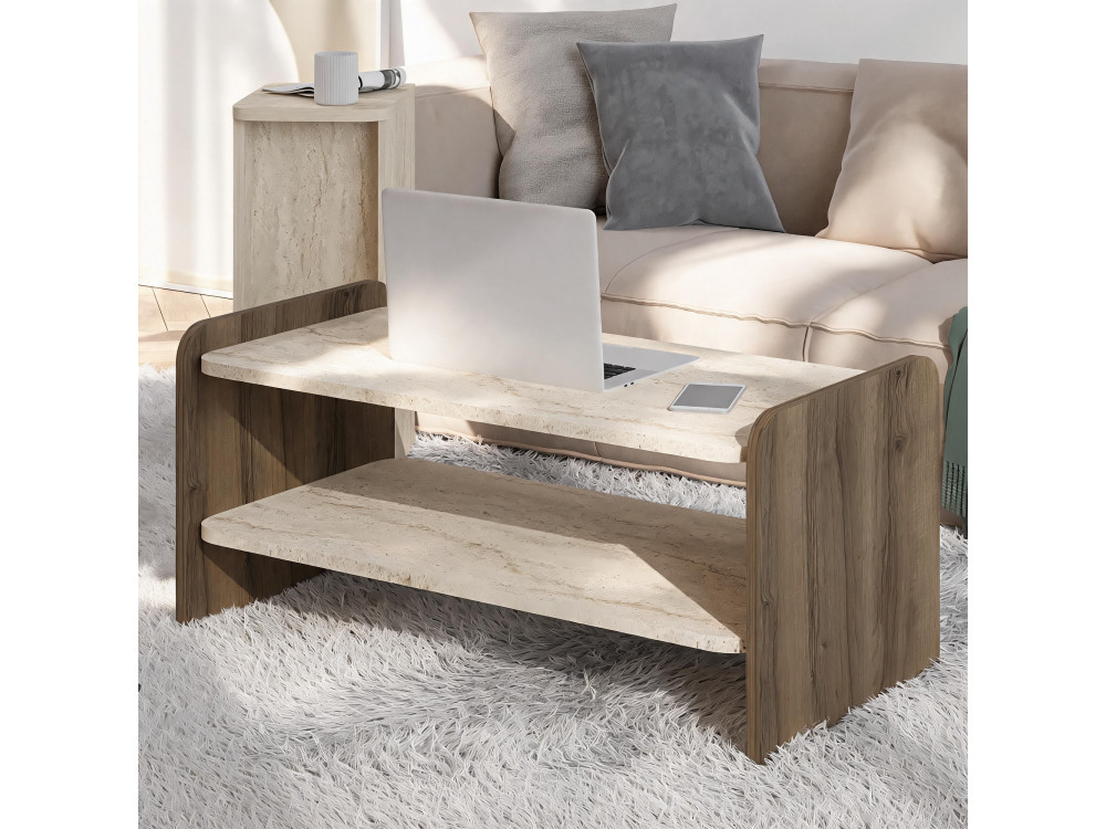 Mesa de centro de madeira «Amon» - 89,8 x 39,8 x 44,8 cm - Travertino / Nogueira Antiga