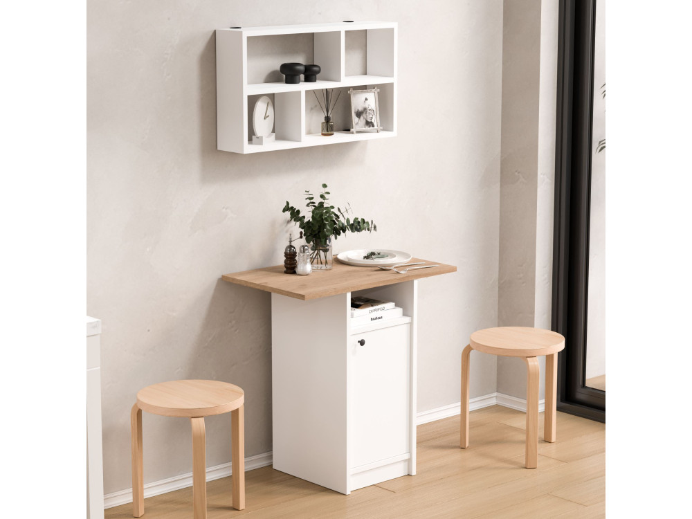 Conjunto de mesa de jantar e prateleira de parede (2 peças) em madeira «Nord» - 72 x 44 x 74 cm - Branco