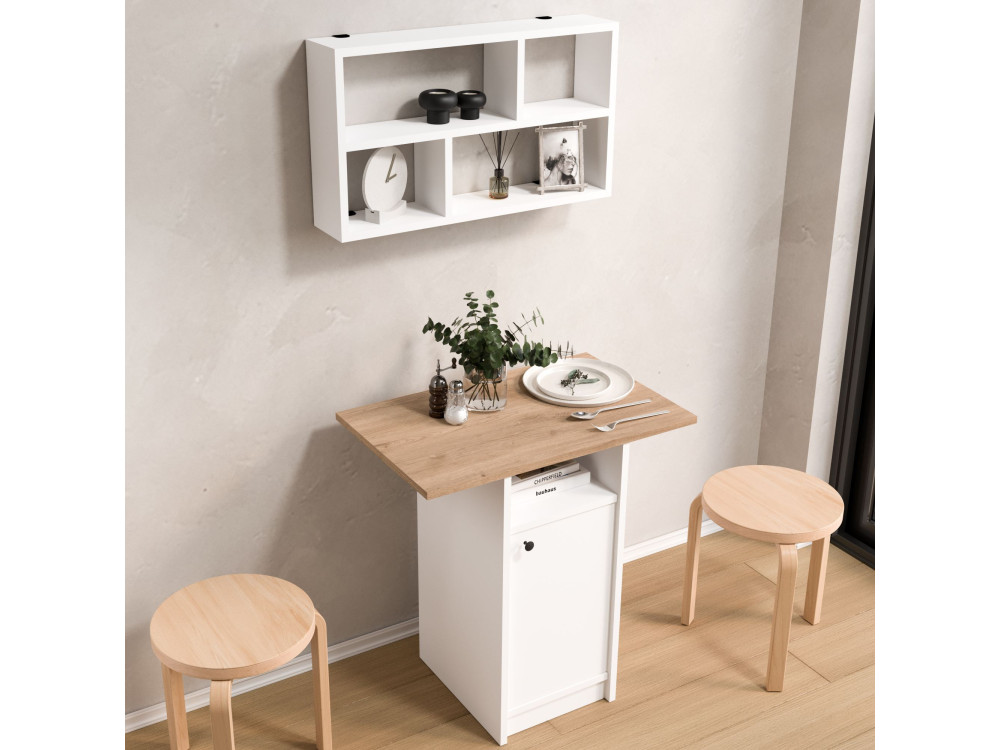 Conjunto de mesa de jantar e prateleira de parede (2 peças) em madeira «Nord» - 72 x 44 x 74 cm - Branco