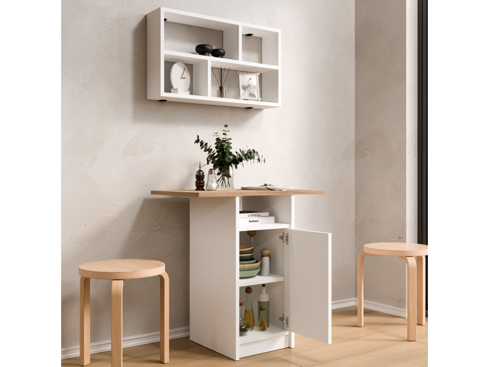 Conjunto de mesa de jantar e prateleira de parede (2 peças) em madeira «Nord» - 72 x 44 x 74 cm - Branco
