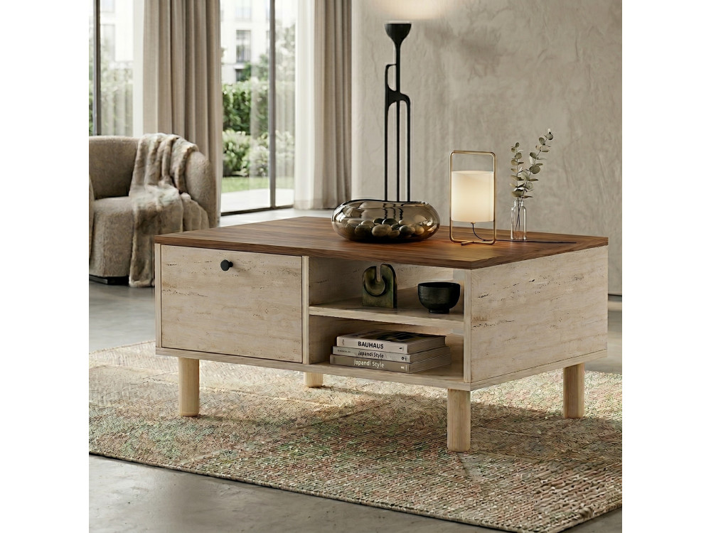 Mesa de centro de madeira «Aris» - 90 x 38,8 x 60 cm - Travertino / Nogueira de Veneza