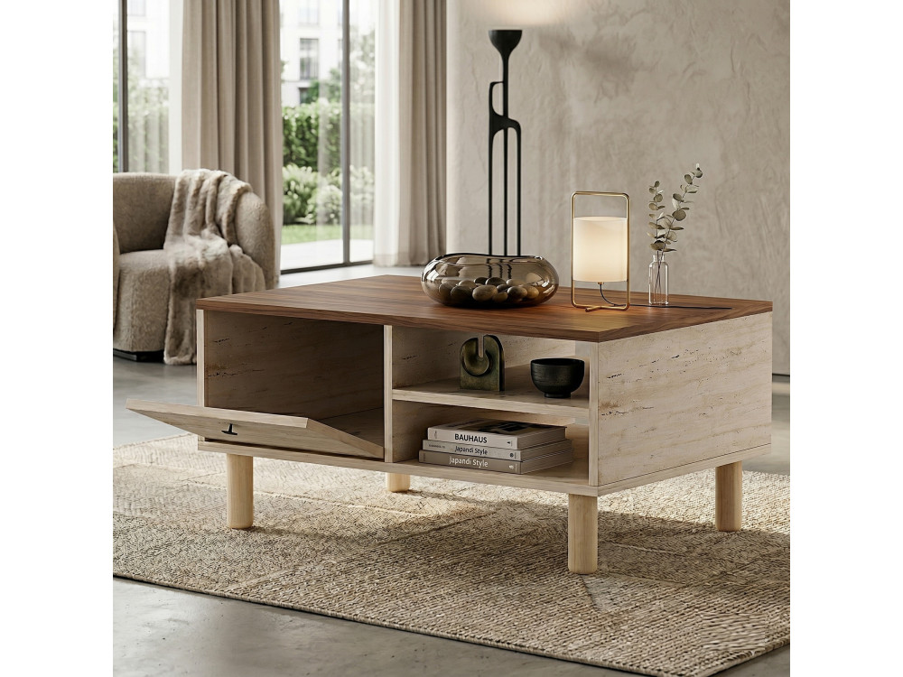 Mesa de centro de madeira «Aris» - 90 x 38,8 x 60 cm - Travertino / Nogueira de Veneza