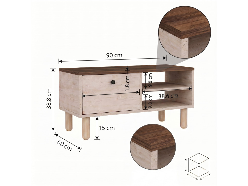 Mesa de centro de madeira «Aris» - 90 x 38,8 x 60 cm - Travertino / Nogueira de Veneza
