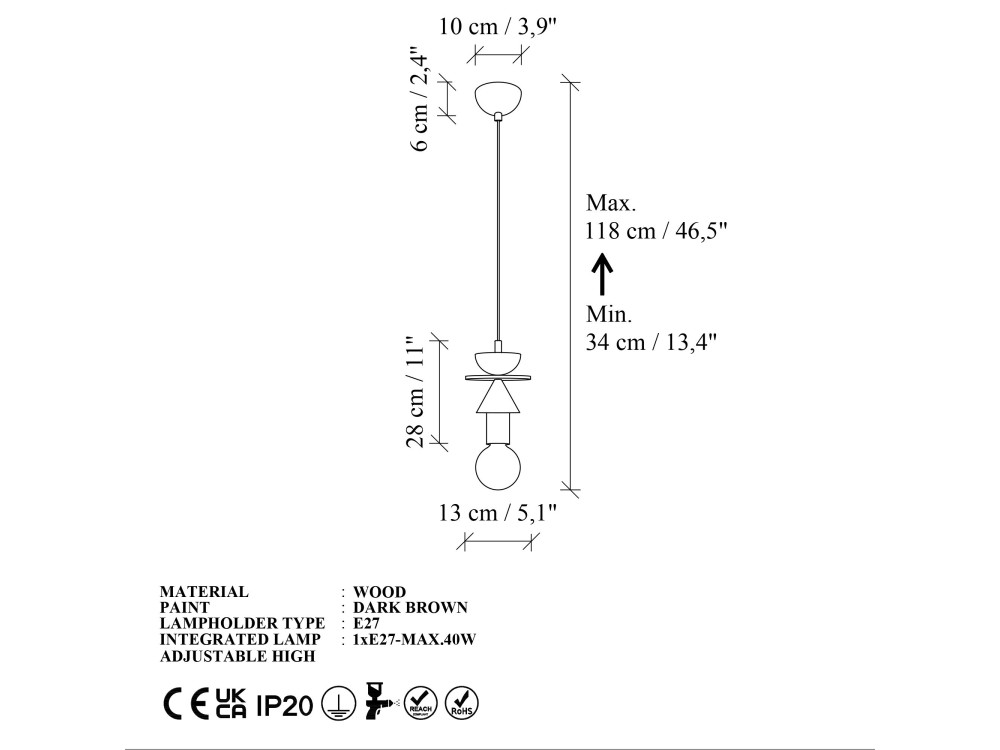 Candeeiro suspenso em madeira «Rotas» - 13 x 13 x 118 cm - Castanho