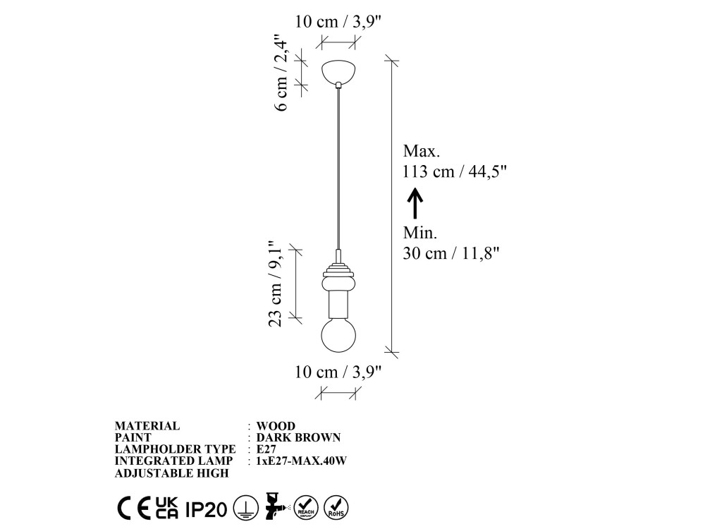 Candeeiro suspenso em madeira «Rotas» - 10 x 10 x 113 cm - Castanho