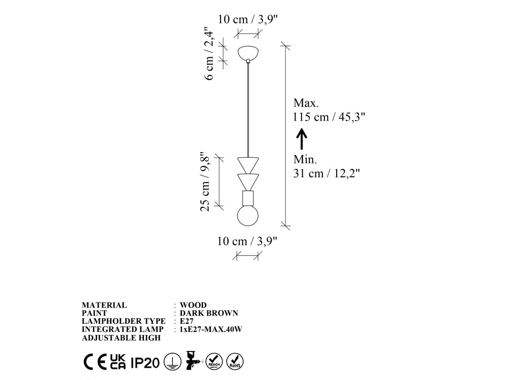 Candeeiro suspenso em madeira «Rotas» - 10 x 10 x 115 cm - Castanho
