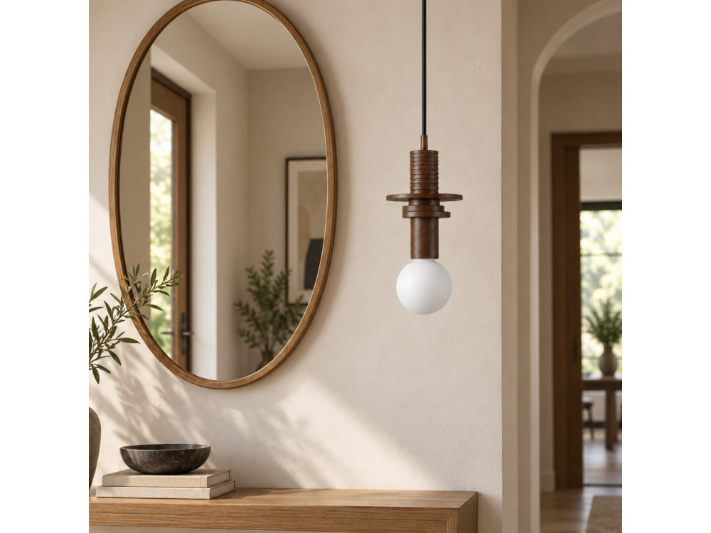 Candeeiro suspenso em madeira «Rotas» - 13 x 13 x 113 cm - Castanho