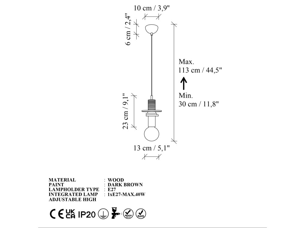 Candeeiro suspenso em madeira «Rotas» - 13 x 13 x 113 cm - Castanho