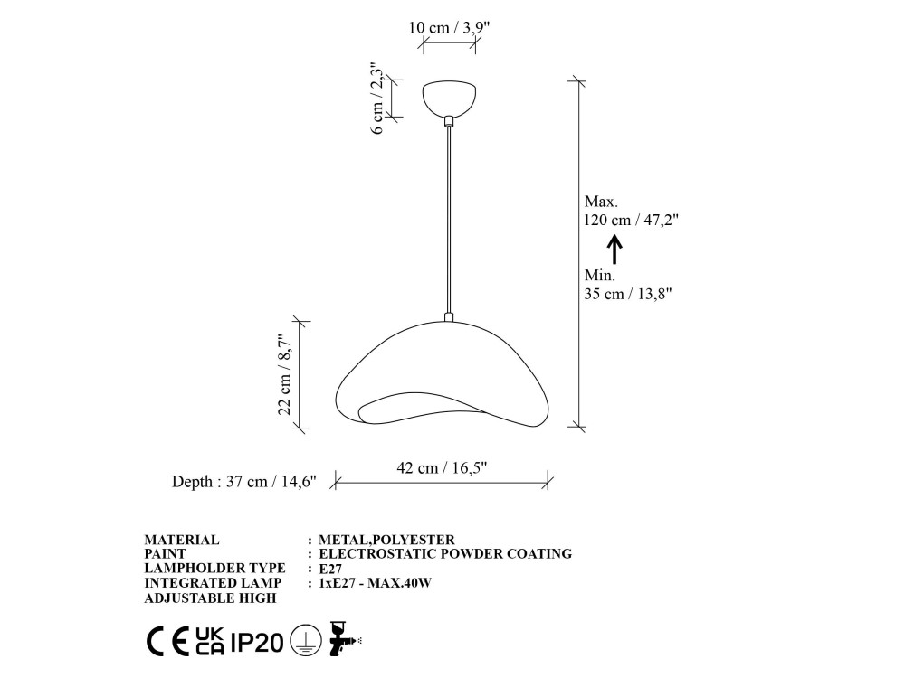 Candeeiro suspenso em metal «Luna» - 42 x 37 x 120 cm - Branco