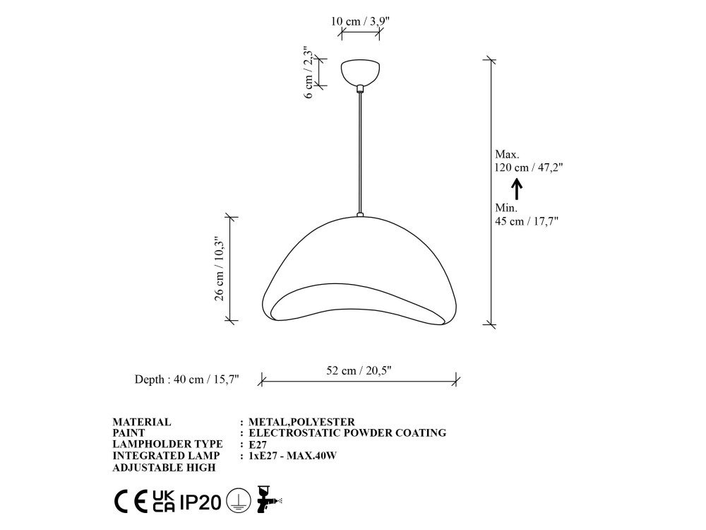 Candeeiro suspenso em metal «Luna» - 52 x 40 x 120 cm - Branco