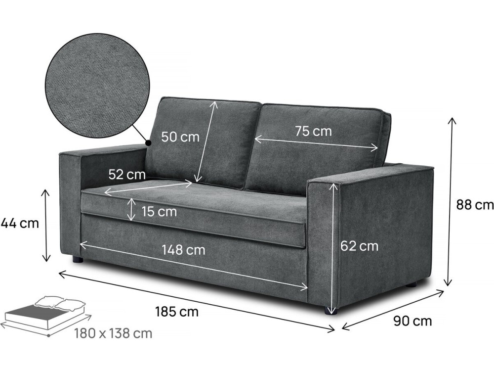 Sofá convertível em tecido "Clara" express - 185 x 90 x 88 cm - Cinza