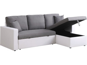 Sofá de canto conversível/reversível com baú "Alain" - 221 x 145 x 85 cm - 3 lugares - Cinza / Branco