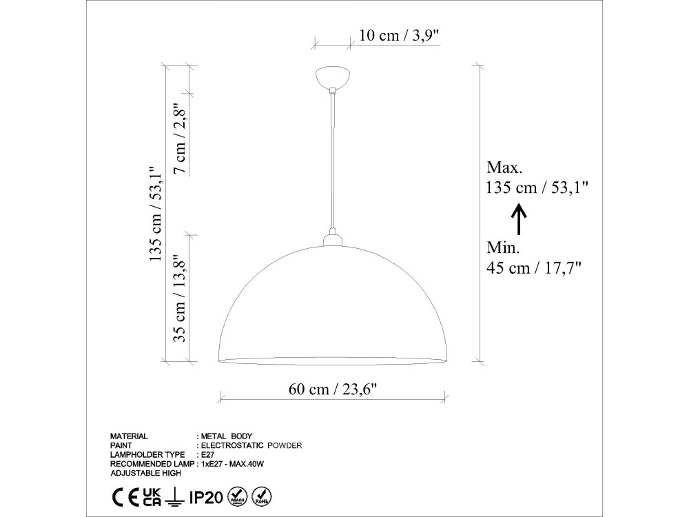 Candeeiro suspenso em metal «Kure» - 60 x 60 cm - Antigo