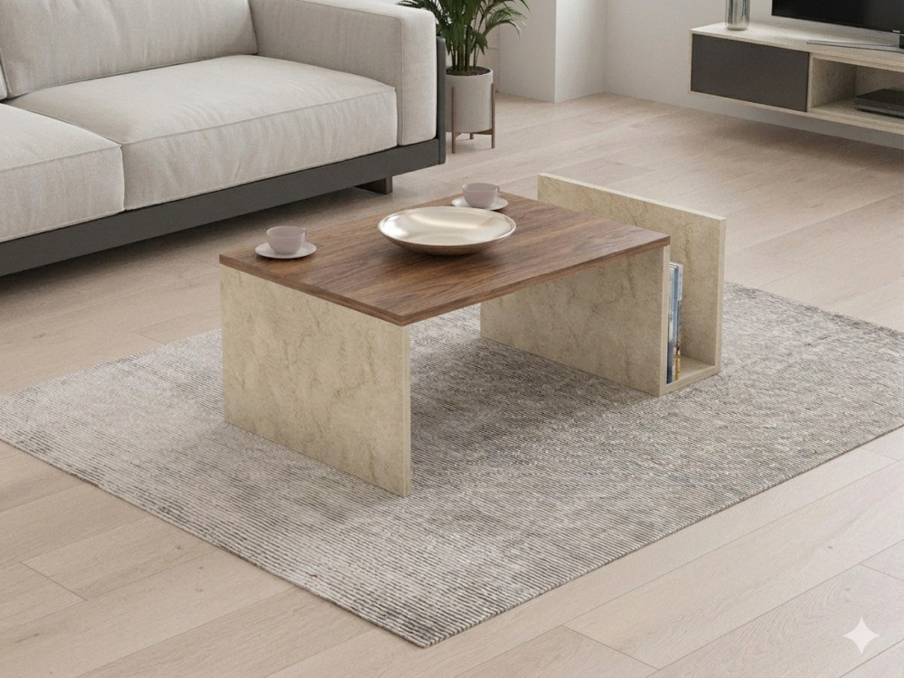 Mesa de centro em madeira «Memo» - 86,8 x 32,4 x 50 cm - Travertino / Nogueira de Veneza