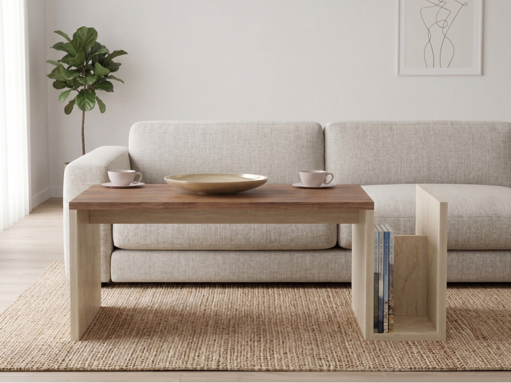 Mesa de centro em madeira «Memo» - 86,8 x 32,4 x 50 cm - Travertino / Nogueira de Veneza