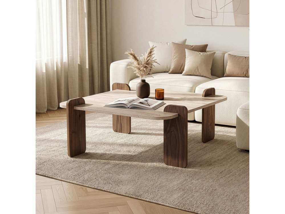 Mesa de centro em madeira «Marais» - 117 x 35 x 117 cm - Travertino / Nogueira Venezia