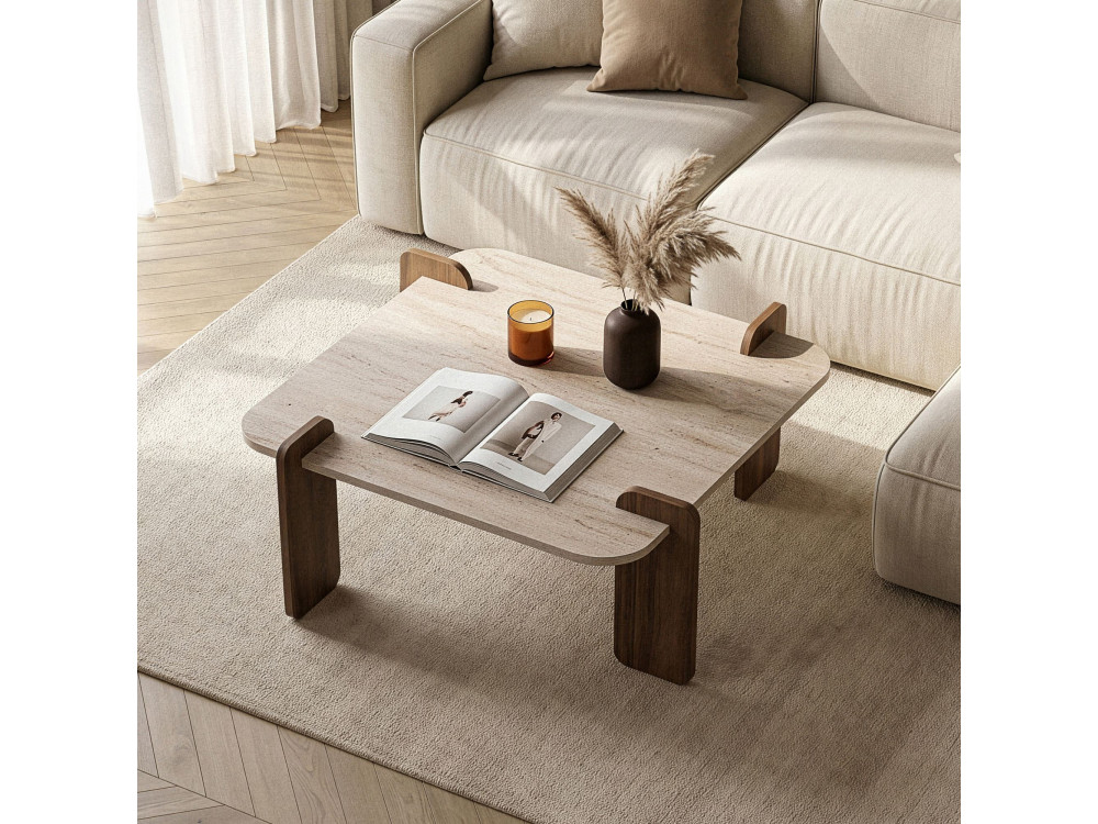 Mesa de centro em madeira «Marais» - 117 x 35 x 117 cm - Travertino / Nogueira Venezia