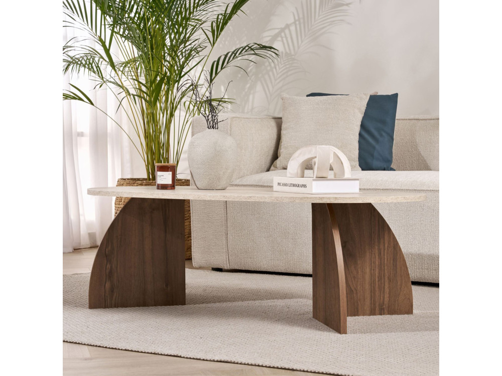 Mesa de centro em madeira «Melina» - 120 x 40 x 60 cm - Travertino / Nogueira de Veneza