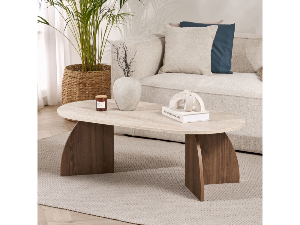 Mesa de centro em madeira «Melina» - 120 x 40 x 60 cm - Travertino / Nogueira de Veneza