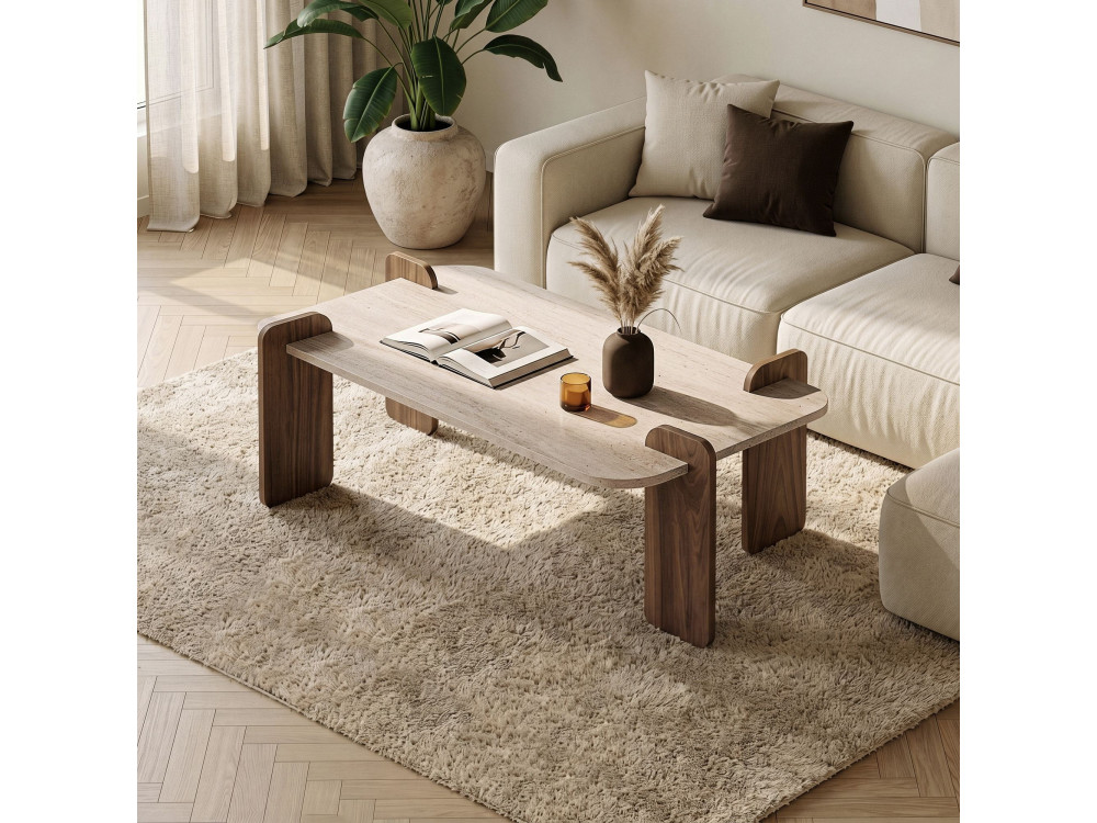 Mesa de centro de madeira «Renard» - 147 x 35 x 87 cm - Travertino / Nogueira Venezia