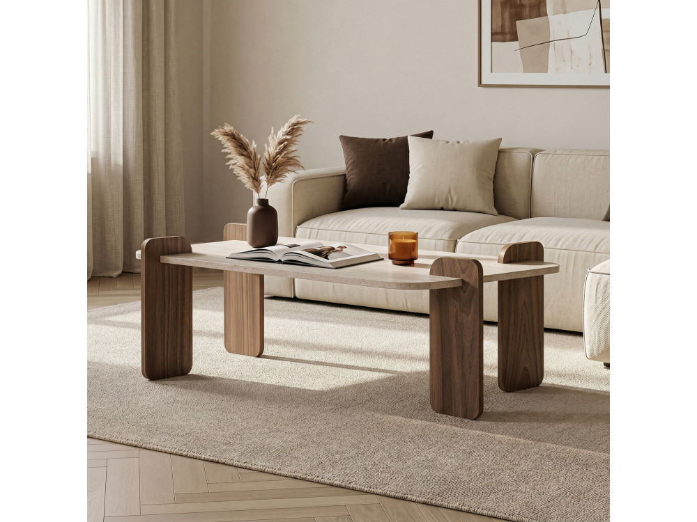 Mesa de centro de madeira «Renard» - 147 x 35 x 87 cm - Travertino / Nogueira Venezia