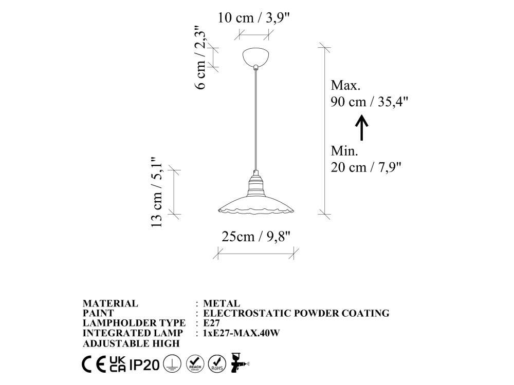 Candeeiro suspenso em metal «Volan» - 25 x 25 cm - Bordéus