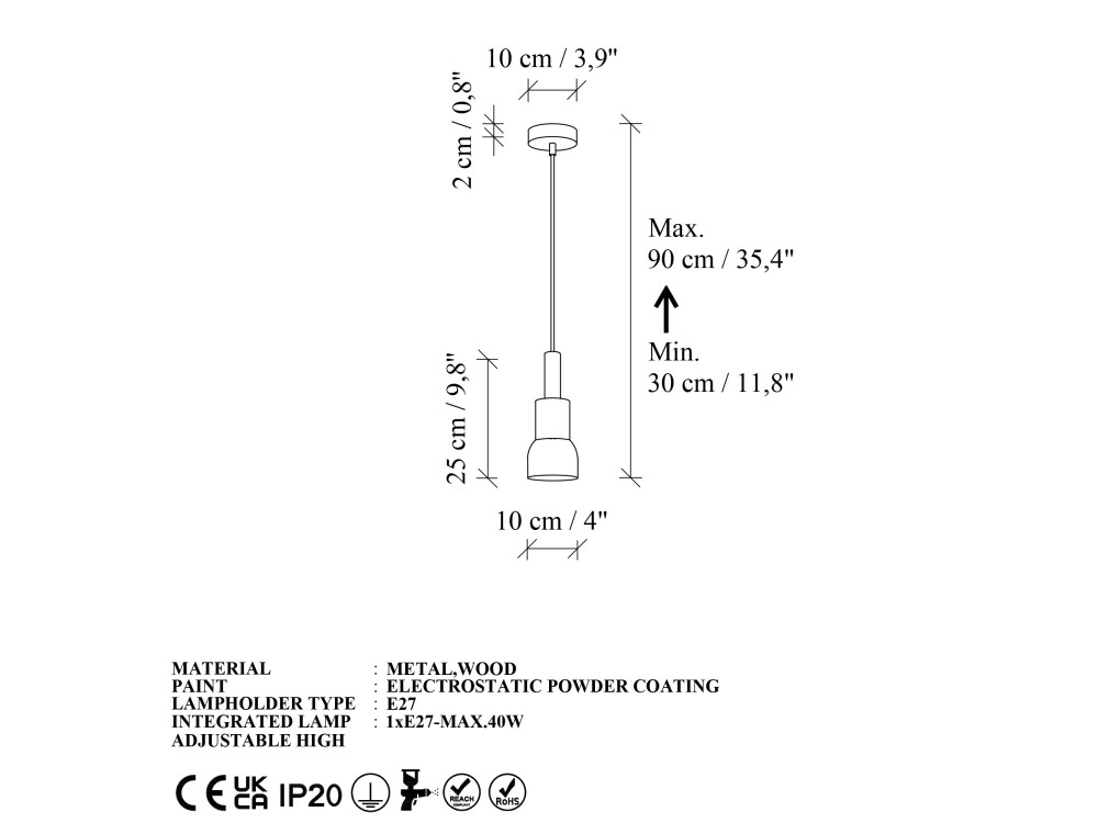 Candeeiro suspenso em metal «Elwood» - 10 x 25 cm - Vermelho